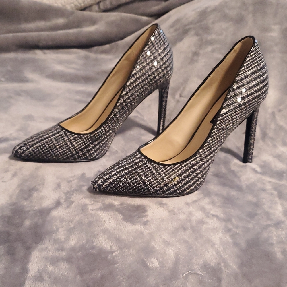 Nine West Black and Silver Sequin Pointed-Toe Stilettos